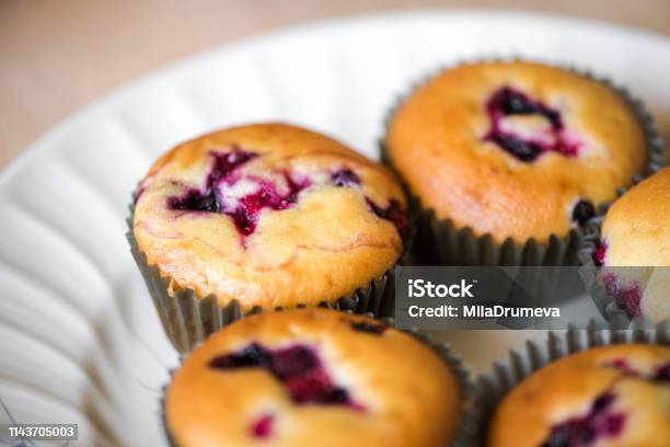Homemade Blueberry Muffins In A Plate Stock Photo - Download Image Now - Blueberry Muffin, Single Object, Small