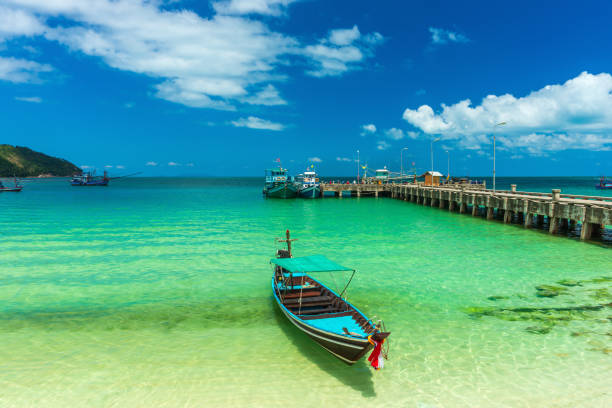 istock Empty taxi boat near pier, summer vacation 1143705312