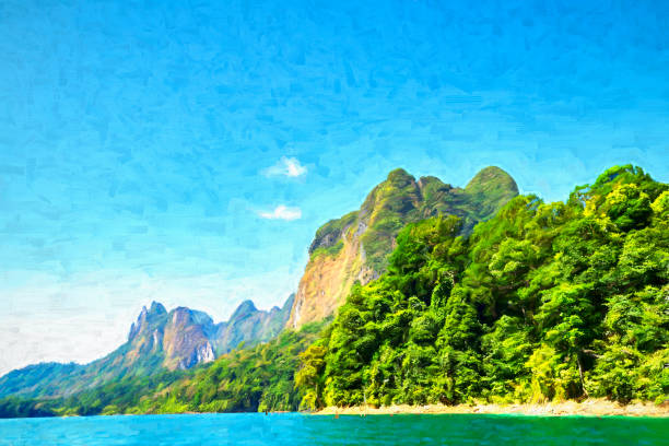 Khao Sok Lake National Park in Thailand. The lake is man made with a Dam and one end. The flooding of the valley has created an abundance of steep sided limestone islands.