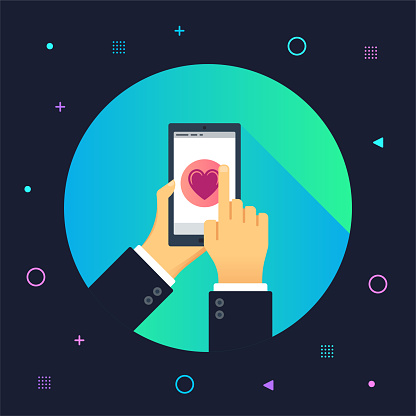 Hand holding smartphone and finger touch on social media screen illustrated on colorful background. Can be used for web banners and infographic design.