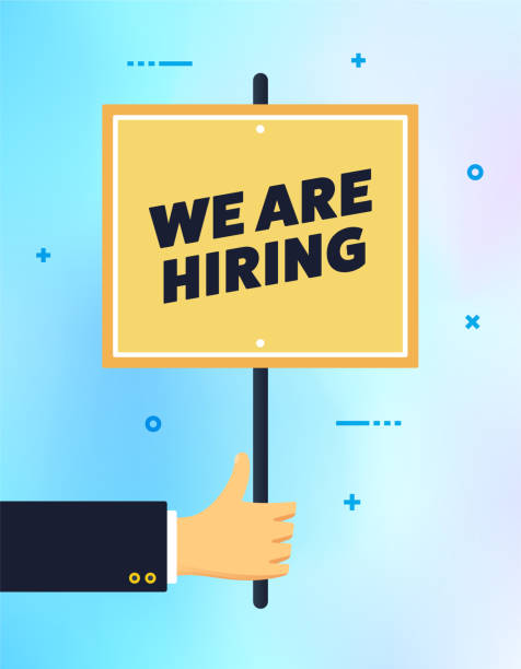 illustrazioni stock, clip art, cartoni animati e icone di tendenza di mano che teniamo stiamo assumendo il banner sign - help wanted sign classified ad vacancy recruitment