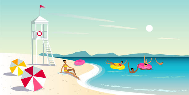 친구 들과 함께 하는 해변 주말 - tranquil scene water serene people swimming stock illustrations