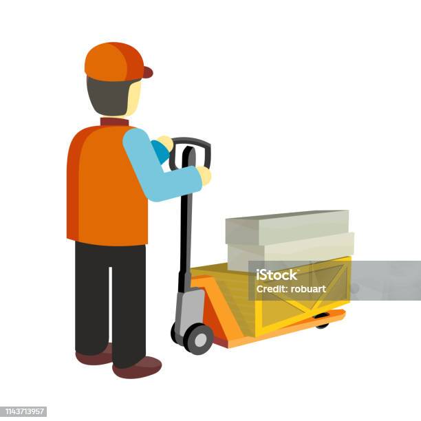 Worker With Cargo Cart Stock Illustration - Download Image Now - Cart, Hydraulics, Adult