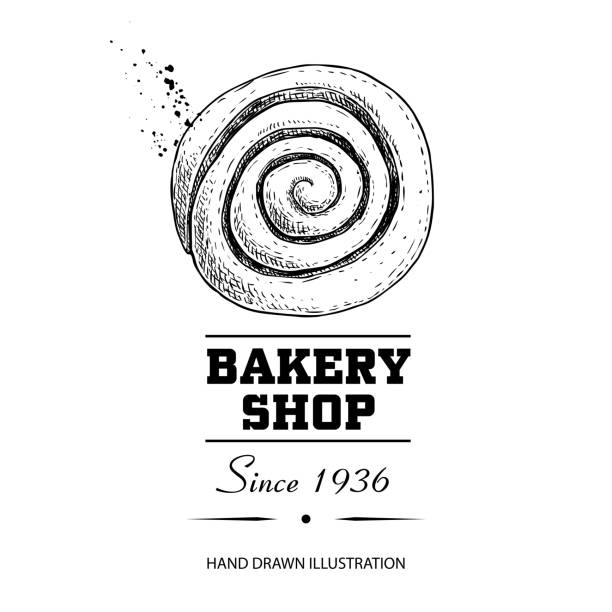 ilustrações de stock, clip art, desenhos animados e ícones de bakery shop poster. top view sweet pastry cinnamon bun. hand drawn sketch style vector illustration isolated on white background. ideal for bakery shop designs and package. - pastry danish pastry bread pastry crust