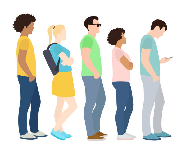 ilustrações de stock, clip art, desenhos animados e ícones de full length of cartoon people standing in line - waiting in line people in a row in a row people