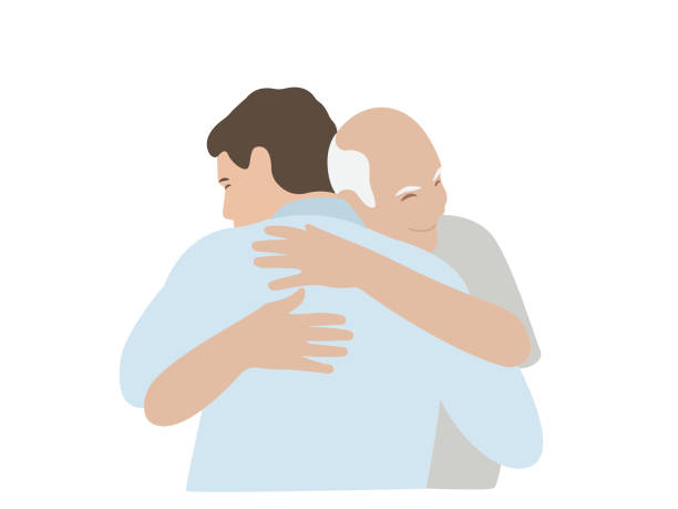 ilustraciones, imágenes clip art, dibujos animados e iconos de stock de abrazos hombre y anciano padre - abrazo