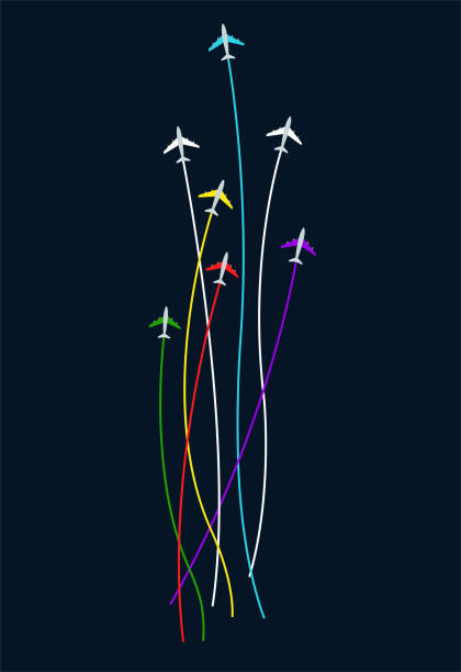 farbige flugzeuge, mit streifen dahinter - airshow stock-grafiken, -clipart, -cartoons und -symbole