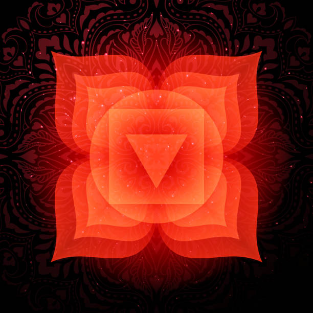 Muladhara chakra colorful symbol icon. Root chakra. Muladhara chakra colorful glowing symbol with mandala background. Spiritual meditation element vector illustration. Root chakra. chakra stock illustrations