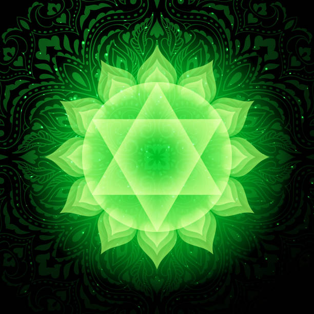 Anahata chakra colorful symbol icon. Heart Chakra. Anahata chakra colorful glowing symbol with mandala background. Spiritual meditation element vector illustration. Heart Chakra. chakra stock illustrations