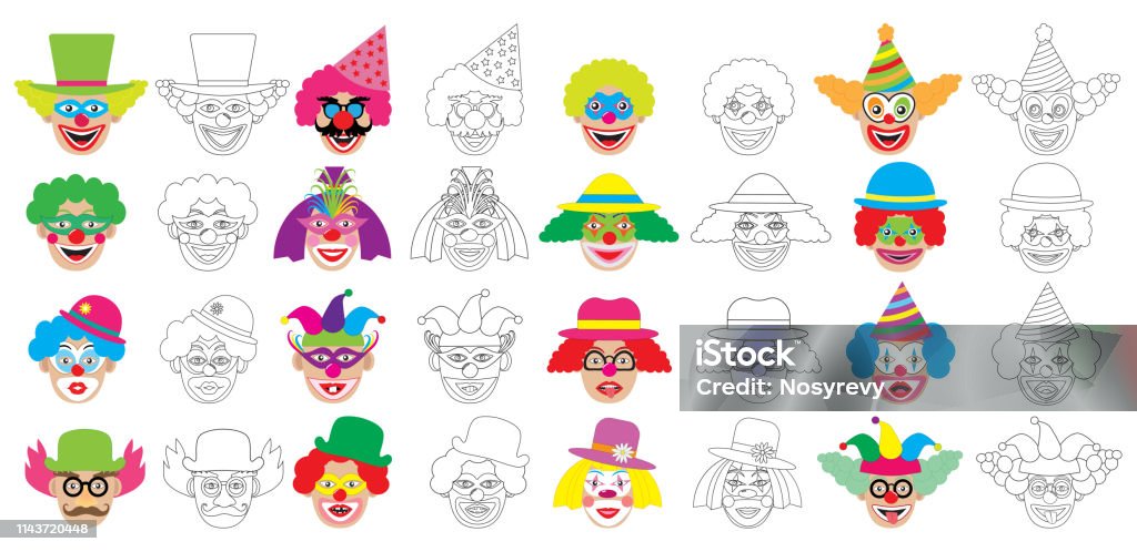 Set of faces of clown, coloring book. Vector illustration. Child stock vector