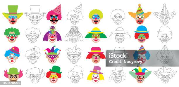 Set Of Faces Of Clown Coloring Book Vector Illustration Stock Illustration - Download Image Now