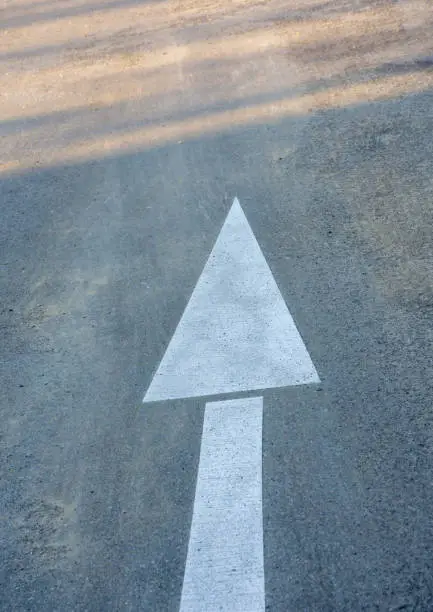 Moving Forward white arrow sign on the road, showing direction. Close-up full frame view from high angle