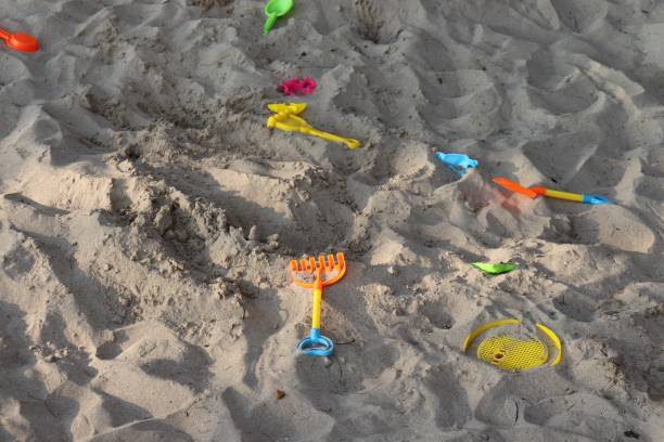 istock Children's beach toys scattered on the sand beach 1143720989