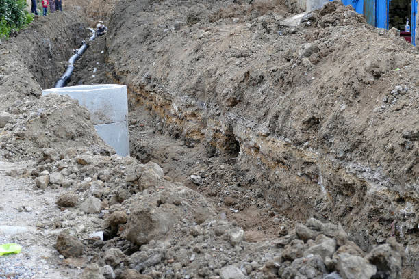 istock infrastructure works, sewer line is done, sewage line and thick pipes laying, sewage work, 1143721895