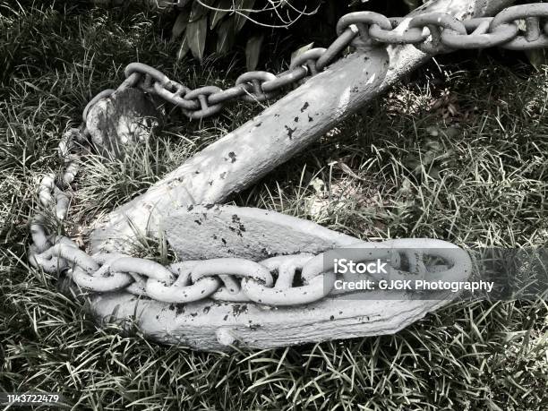 Ship Anchor In The Green Grass Bw Stock Photo - Download Image Now - Tulane University, Anchor - Vessel Part, Anchor Chain