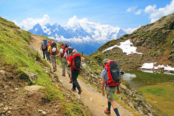 Hikers in the Mont-Blanc massif. stock photo