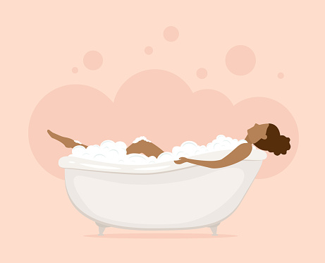 Young afro woman in bathtub with bubbles in pink bathroom, illustration.