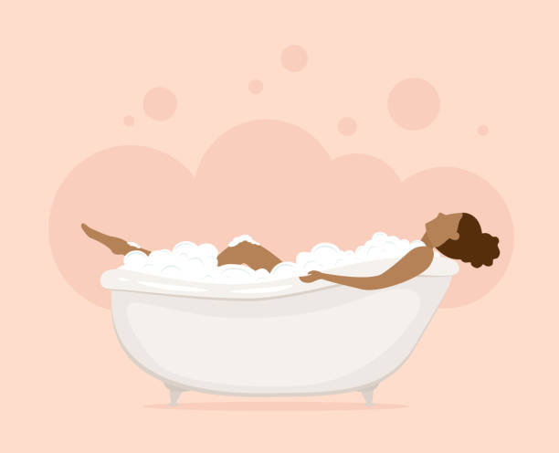 Woman in Bathtub in Pink Bathroom Young afro woman in bathtub with bubbles in pink bathroom, illustration. girls bath stock illustrations