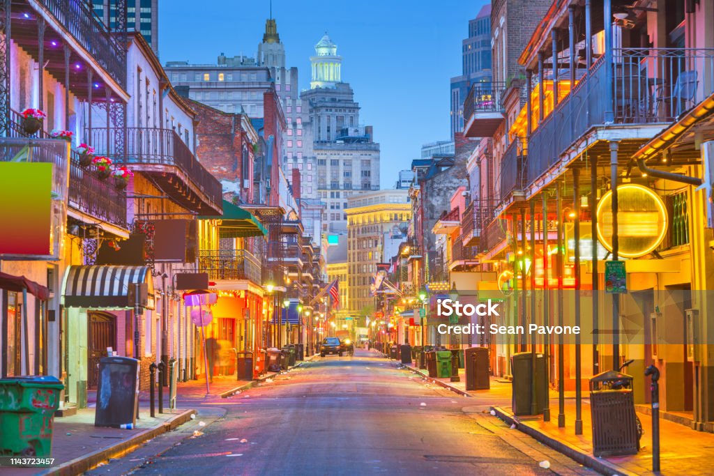 Bourbon Street, New Orleans, Louisiana, USA Bourbon St, New Orleans, Louisiana, USA cityscape of bars and retaurants at twilight. New Orleans Stock Photo