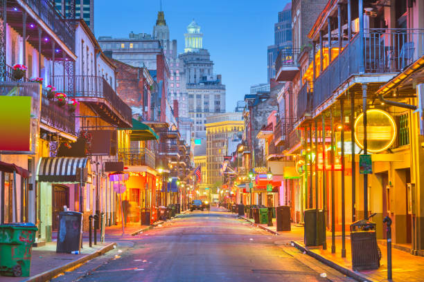 Bourbon Street, New Orleans, Louisiana, USA Bourbon St, New Orleans, Louisiana, USA cityscape of bars and retaurants at twilight. new orleans photos stock pictures, royalty-free photos & images