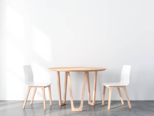 two wooden chairs with table in modern interior with white wall and concrete floor - bar chairs imagens e fotografias de stock