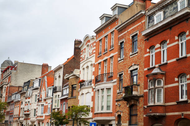 Tilt view along rowhouses in Brussels stock photo