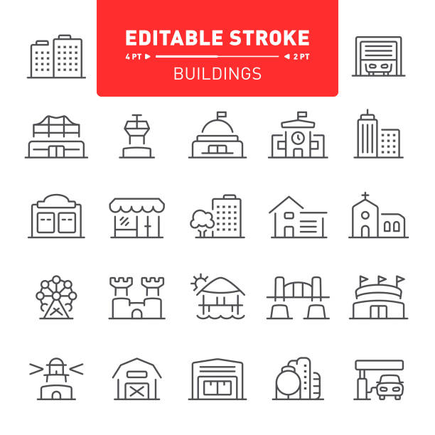 Building Icons Building, real estate, editable stroke, outline, icon, icon set, architecture, house, stadium civic center park stock illustrations