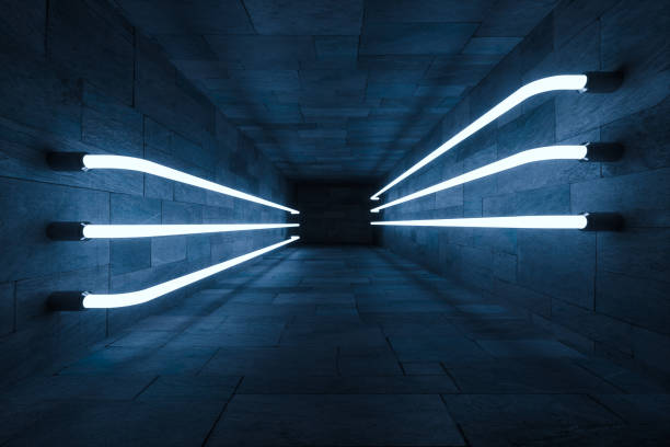 istock 3d rendering, glowing magic lines in anbanoned room, dark background 1143727422