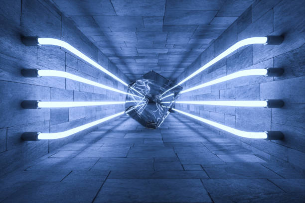 istock 3d rendering, glowing magic lines in anbanoned room, dark background 1143728008