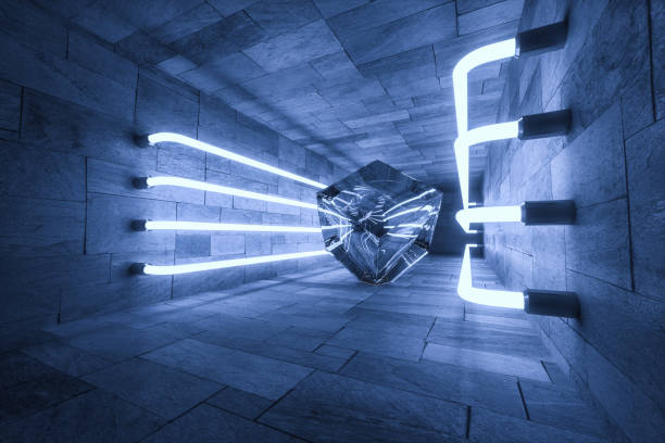 3d rendering, glowing magic lines in anbanoned room, dark background