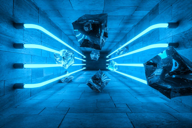istock 3d rendering, glowing magic lines in anbanoned room, dark background 1143728045