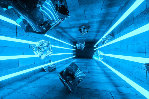 istock 3d rendering, glowing magic lines in anbanoned room, dark background 1143728058