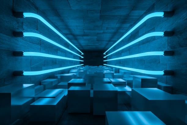 istock 3d rendering, glowing magic lines in anbanoned room, dark background 1143728060