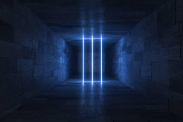 istock 3d rendering, glowing magic lines in anbanoned room, dark background 1143728062