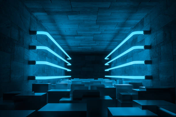 istock 3d rendering, glowing magic lines in anbanoned room, dark background 1143728073