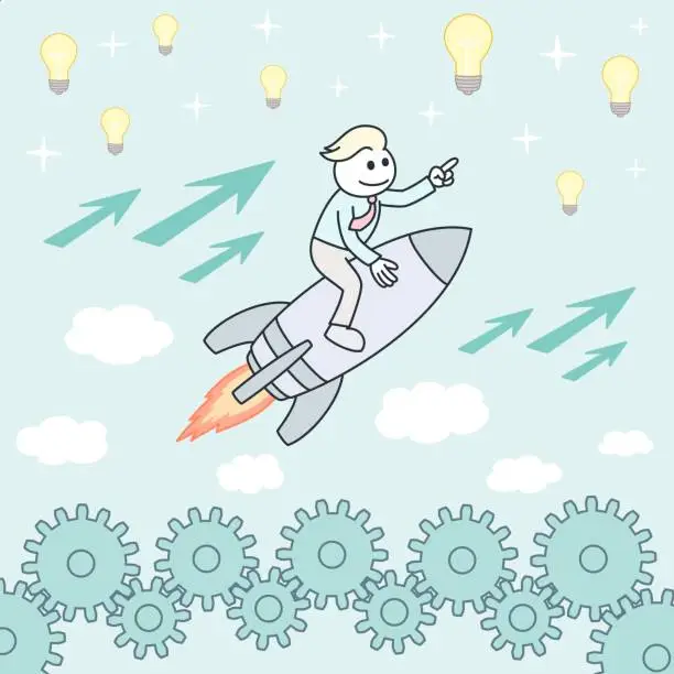 Vector illustration of Businessman on a rocket. Startup Business