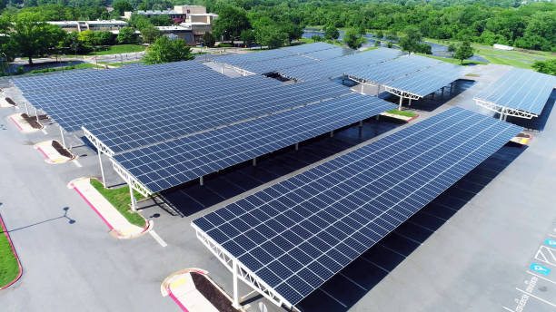 istock drone view solar panels in parking roof 1143729609