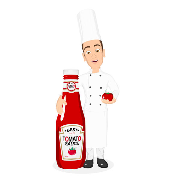 head chef standing next to tomato sauce bottle, illustration in flat design with isolated white background, 3d render