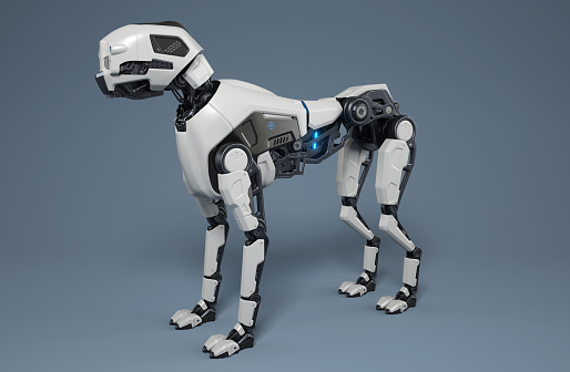Robot dog stands on a gray background. 3D illustration
