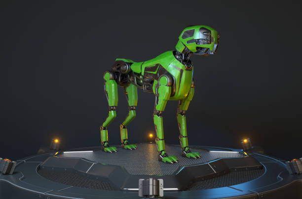 istock Green robot dog stands on a charging dock 1143731889