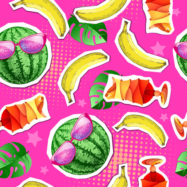 istock Summer seamless bright pattern with watermelon and cocktail. Zine Culture style summer background 1143733232