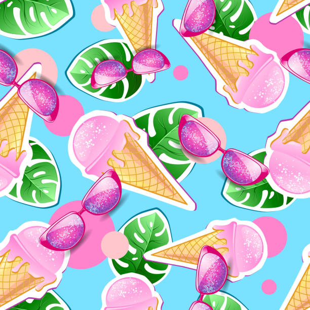 istock Summer seamless bright pattern with ice cream and tropic leaves. Zine Culture style summer background 1143733240