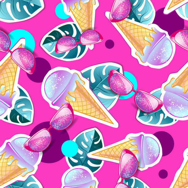 istock Summer seamless bright pattern with ice cream and tropic leaves. Zine Culture style summer background 1143733258