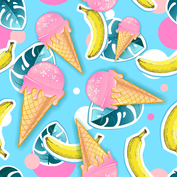 istock Summer seamless bright pattern with ice cream and tropic leaves. Zine Culture style summer background 1143733273