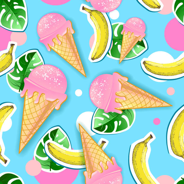 istock Summer seamless bright pattern with ice cream and tropic leaves. Zine Culture style summer background 1143733350