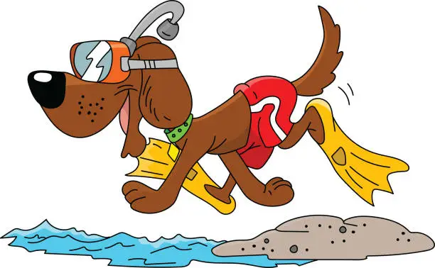 Vector illustration of Cartoon dog wearing a snorkel and swimsuit ready for vacation vector illustration