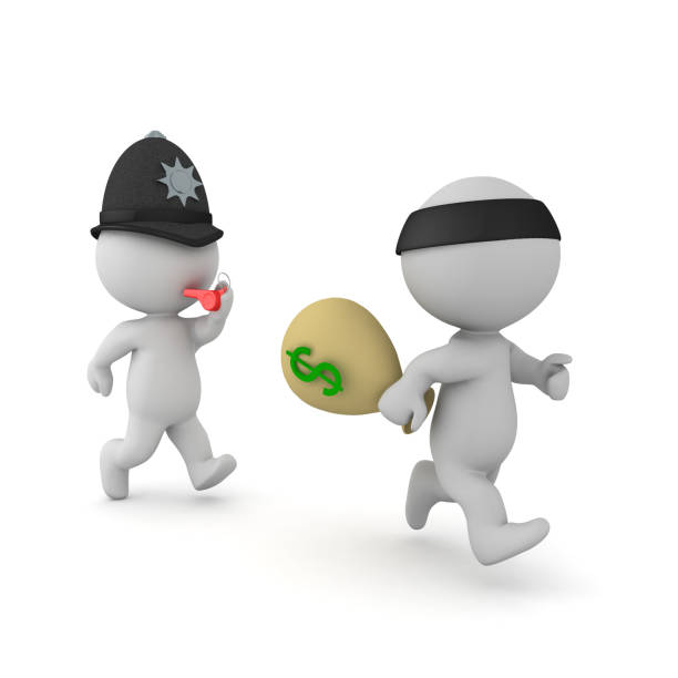 3D Police man chasing bank robber. 3D rendering isolated on white.