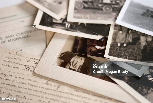 Old Genealogy Family History Photographs And Documents 1 Stock Photo - Download Image Now