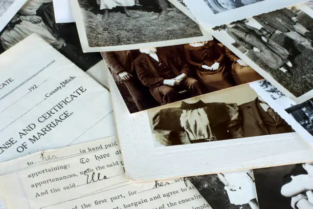 Genealogy family history theme with old family photos and documents.