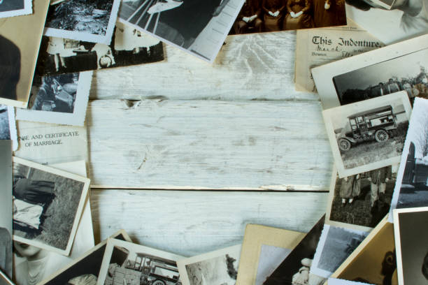 historia familiar antigua genealogía fotografías y documentos espacio centro de madera blanca - family tree family photograph photography fotografías e imágenes de stock